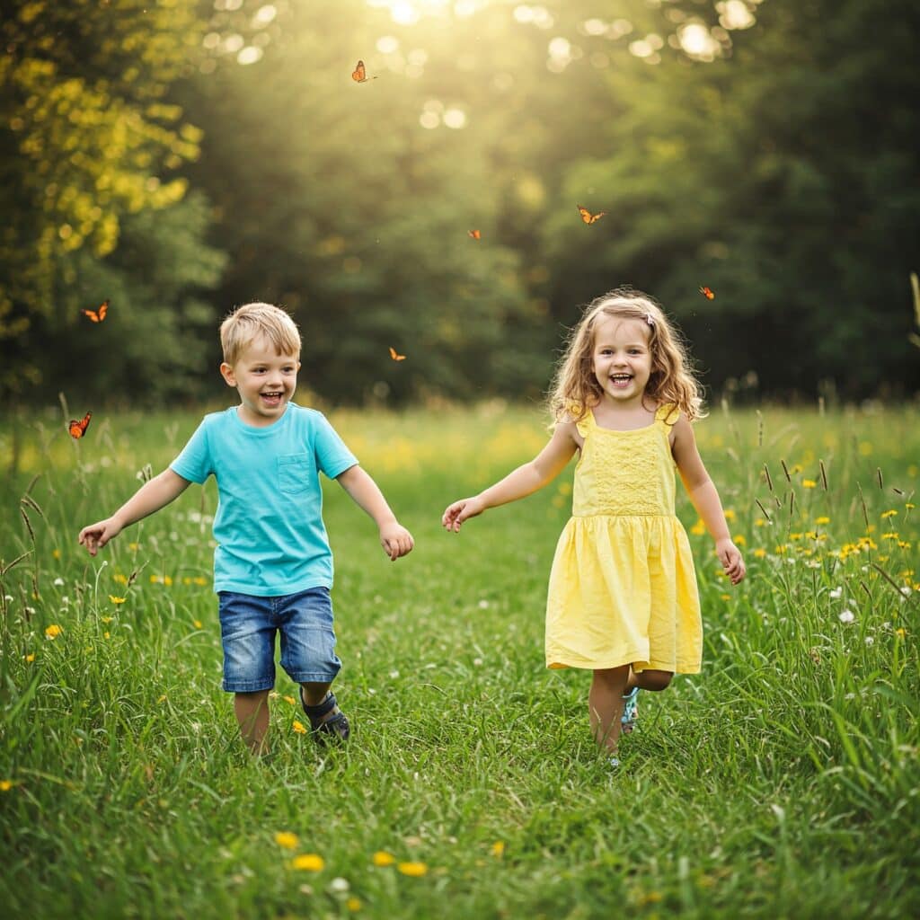 Children running through a field – carefree and supported while managing children through divorce