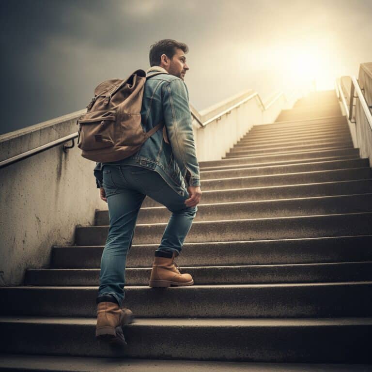 Man climbing stairs – symbolic of emotional and legal steps for men in divorce